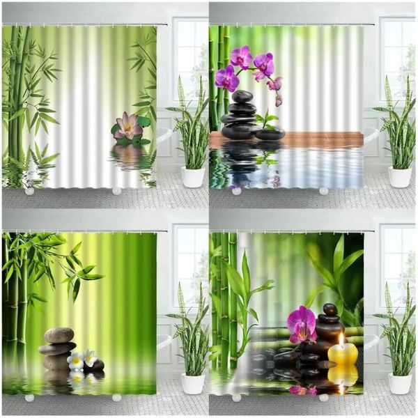 Cortinas de ducha Conjuntos de cortinas Zen de bambú verde Piedra negra Loto Orquídea Vela de agua Spa Paisaje natural Tela Decoración de baño