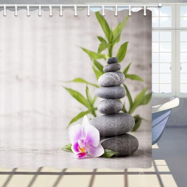 Rideaux de douche vert bambou Zen ensemble Spa pierres et orchidées fleurs Polyester tissu rideau de bain avec crochets salle de bain décor douchedouche