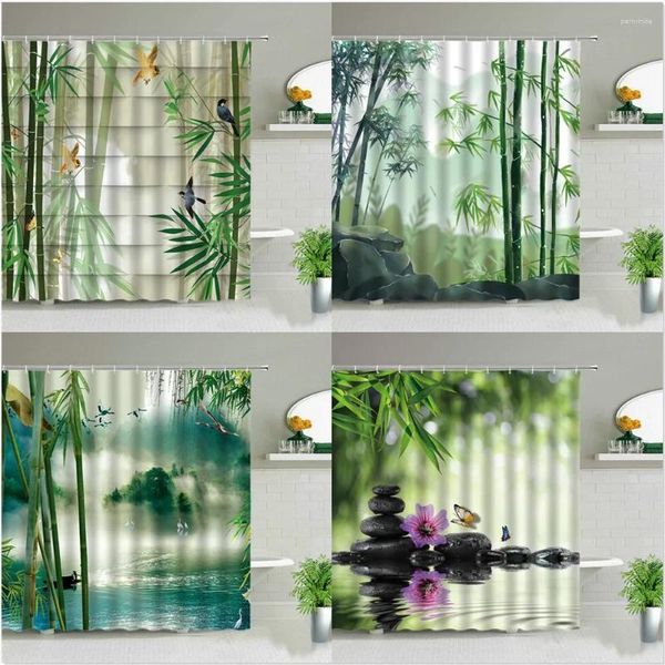 Rougeons de douche Bamboo Green Zen Stone Flower Chinese Style Landscape Plant Plant Bathroom Decor Decor Screen Bath Curtain avec crochet