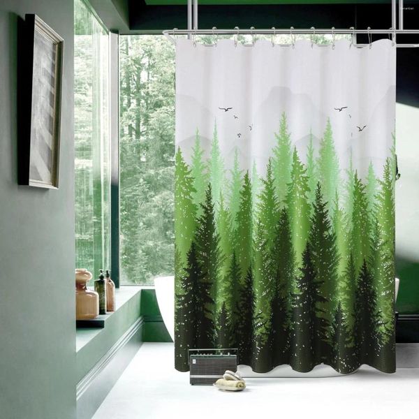 Rideaux de douche Ensemble de rideaux verts Ensemble de tissu imperméable à l'eau blanche Nature Arbre Montagne Bois Terre Décorative Salle de bain Décor de bain