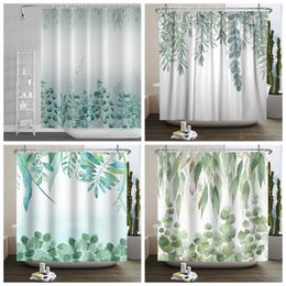 Rideaux de douche Rideau de douche d'eucalyptus vert aquarelle feuilles plante motif Floral Durable imperméable salle de bain rideau décoration avec crochets 231025