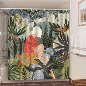 Cortinas de ducha Conjunto de baño de follaje verde con cortinas de ducha Cabello blanco Mujer Arte Impreso Cortina de ducha Poliéster impermeable Mampara de baño 180 230607