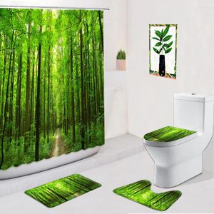 Douchegordijnen Groen Bosgordijn Badmat Vierdelige set Natuurlijk hout Landschapskleed U-vormig kussen Toiletdekseltapijt