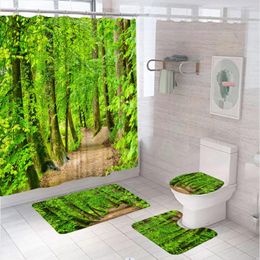 Rideaux de douche Green Forest Scèches naturels Curtain Ensembles de paysage de paysage Salle de bain Couvre de toilettes de tapis de piédeaux de salle de bain sans glissement de salle de bain