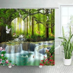 Cortinas de ducha Plantas de bosque verde Flores de animales Cortina de baño Cascada Paisaje natural Decoración de baño de tela de poliéster