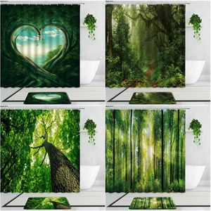 Douche gordijnen groen bos landschap zomer jungle planten blad zonneschijn 3D geprinte badkamer gordijn set niet-slip badmatten tapijt