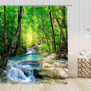 Douchegordijnen groen bos waterval gordijn natuurlijke landschap boomplant tropische jungle landschap muur hangende badkamer decor