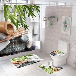 Douchegordijnen groen blad vloeiende bamboe stof gordijn waterdicht polyester badkamer badmat anti-skid tapijten toiletdeksel deksel