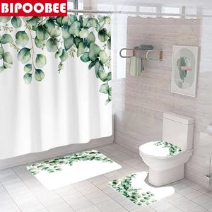 Rideaux de douche à feuilles vertes branche imprimé de salle de bain rideau de salle de bain tissu piédestal tapis de toilette de toilette tapis de bain non glissant