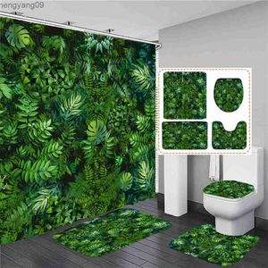Rideaux de douche Ensemble de rideau de douche imprimé plante feuille verte feuilles rideaux de salle de bain en tissu et tapis de bain antidérapants tapis tapis R230822