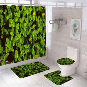 Cortinas de ducha Hojas verdes Cortinas Cortinas de planta tropical Modernas Flores de la jungla Baño de baño Anti-Slip Mat de baños alfombras para el inodoro