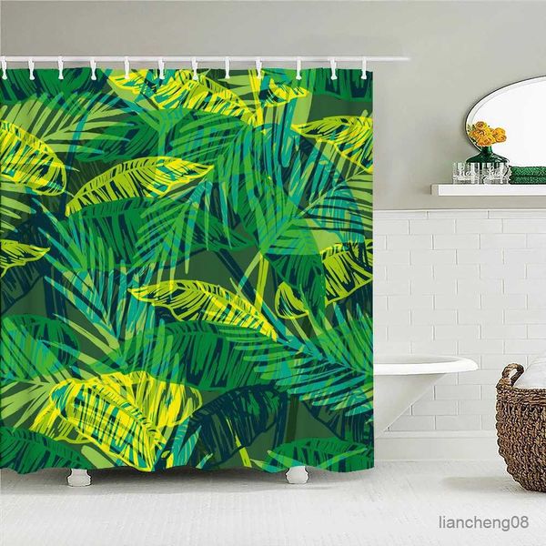 Rideaux de douche feuilles vertes motif de feuille de palmier de la feuille de salle de bain rideaux de douche en tissu imperméable 180x180cm écran de baignoire pour décoration de salle de bain
