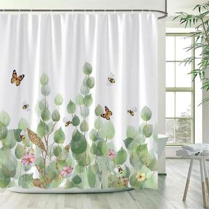 Rideaux de douche Feuilles vertes Aquarelle Feuille d'eucalyptus Papillon Fleurs roses Plante Tissu en polyester Décor de salle de bain avec crochets