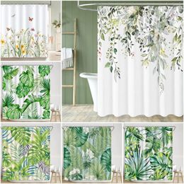 Cortinas de ducha Planta verde Baño Acuarela Hoja Eucalipto Tela Tela Decoración con ganchos