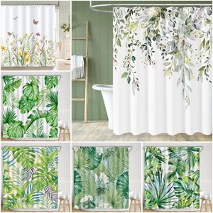 Rideaux de douche Plante verte Salle de bains Feuille d'aquarelle Feuille d'eucalyptus Décor en tissu avec crochets