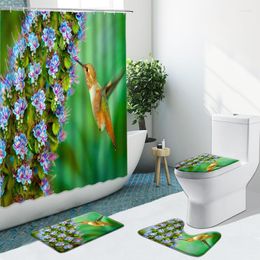 Rideaux de douche Plante verte Oiseau Fleur Tournesol Ensemble de salle de bain Tapis antidérapants Tapis de flanelle Tapis de toilette Rideau Rose Papillon Tapis de bain