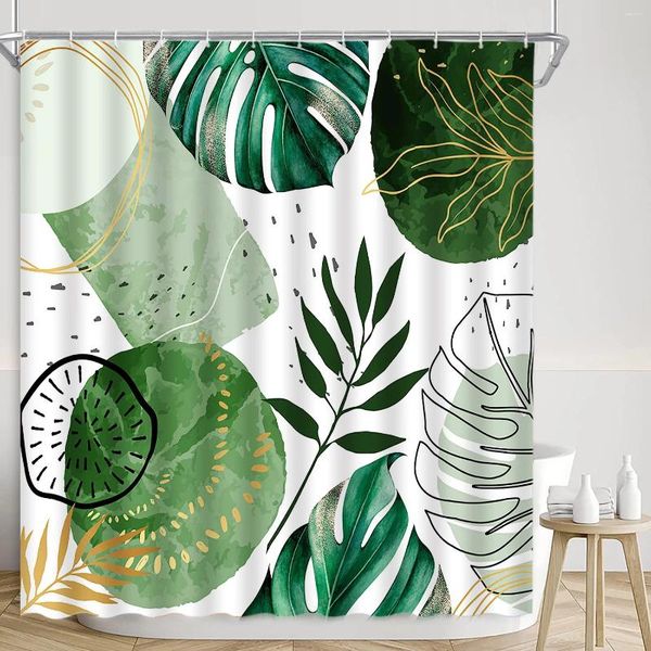 Cortinas de ducha Planta verde Cortina Primavera Hoja de palma Flor Mariposa Acuarela Moderno Geométrico Minimalista Fresco Baño Decorativo