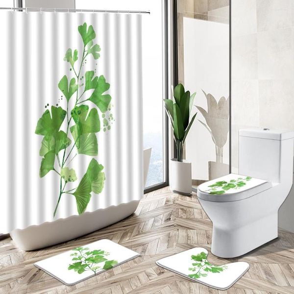 Cortinas de ducha Hoja de planta verde Cortina en maceta Fondo blanco Estilo nórdico Decoración de baño Alfombra antideslizante Cubierta de tapa de inodoro Juego de alfombrillas de baño