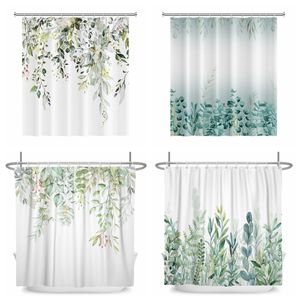 Modern Green Plant Leaf Vines Floral Shower Curtain, Nordic Minimalist Polyster Bathroom Décor with Hooks