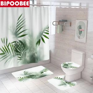 Douchegordijnen groene planten 3D print voor badkamer decor toiletomslag mat voetstuk tapijten niet-slip tapijtbadgordijn met haken