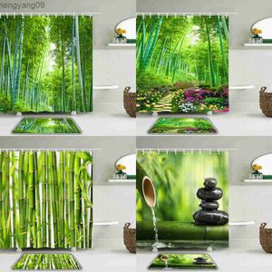 Douchegordijnen groene planten bamboe landschap bedrukt douchegordijn set vloerkleed waterdicht stof badkamer gordijn voor bad niet-slip mat r230822