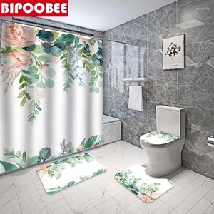 Rideaux de douche plantes vertes feuilles de fleurs de salle de bain ensemble rideau rideau de salle de bain blanc floral couvercle de couvercle de toilette