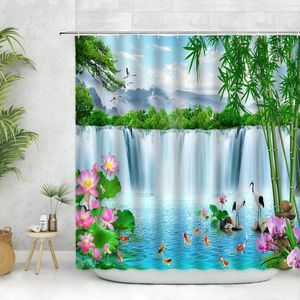 Rideaux de douche arbre vert et montagne rideau de la cascade chinoise paysage de paysage de paysage nature nature baignoire de salle de bain