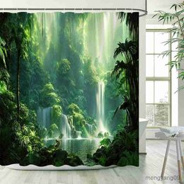 Cortinas de chuveiro verde tropical selva planta cortinas de chuveiro conjunto árvore floresta folhas natureza cenário tecido decoração do banheiro com r230830