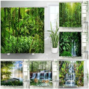 Douche gordijnen groene tropische jungle planten douche gordijnen set palmboombos monstera bladeren natuurlandschap stoffen badkamer decor met haken 230821