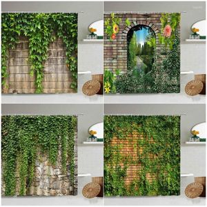 Rideaux de douche Vigne verte Vintage Stone Brick Wall Set Plantes naturelles Feuilles Fleurs Polyester Tissu Salle de bain Décor avec crochets