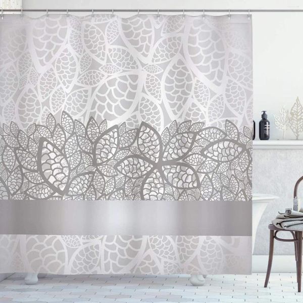 Cortinas de ducha Cortina gris Encaje Inspirado Motivos de flores Composición nupcial Hojas Tema de boda Tela Tela Decoración de baño