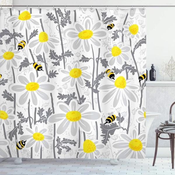 Cortinas de ducha Flores de margarita gris Bees Spring Tiempo de miel Pétalos Naturaleza de tela floral Decoración de baño con ganchos blancos amarillos