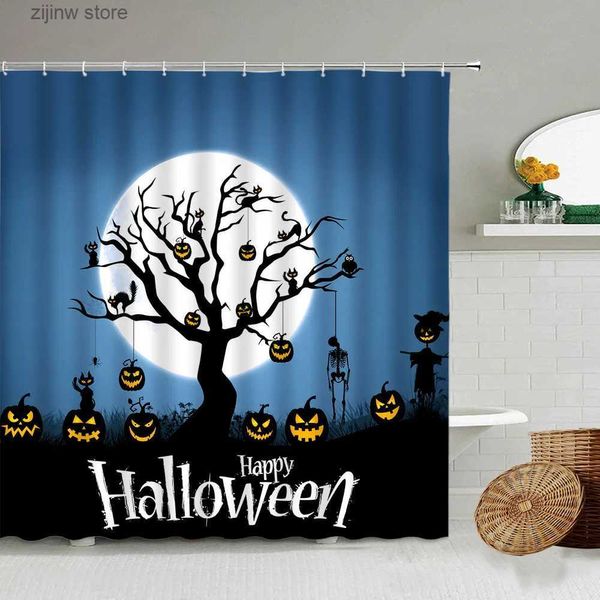 Cortinas de ducha Cortinas de ducha de Halloween Árbol creativo Luna Calabaza Linterna Gato negro Murciélago Esqueleto Paisaje nocturno Dibujos animados Baño Cortina Decoración Y240316