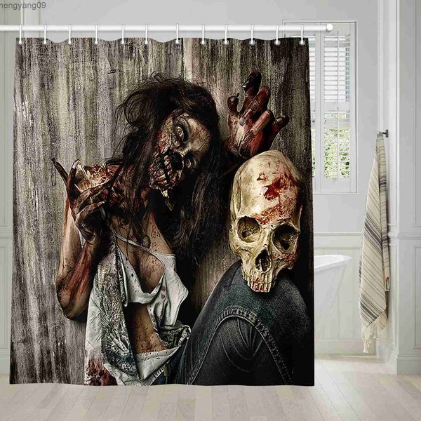 Rideaux de douche Halloween Zombie rideau de douche effrayant femme morte avec un outil sanglant mal fantastique gothique mystère Halloween ensemble de rideaux de salle de bain R230821