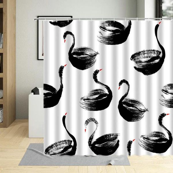 Cortinas de ducha dibujadas a mano, dibujos animados de cisne negro, decoración artística de animales, baño, tela impermeable, pantallas para el hogar con ganchos