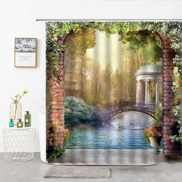 Rideaux de douche Peinture peinte à la main Paysage idyllique Rideau de douche Petit pont et eau qui coule Rideaux de bain pavillon blanc de style européen