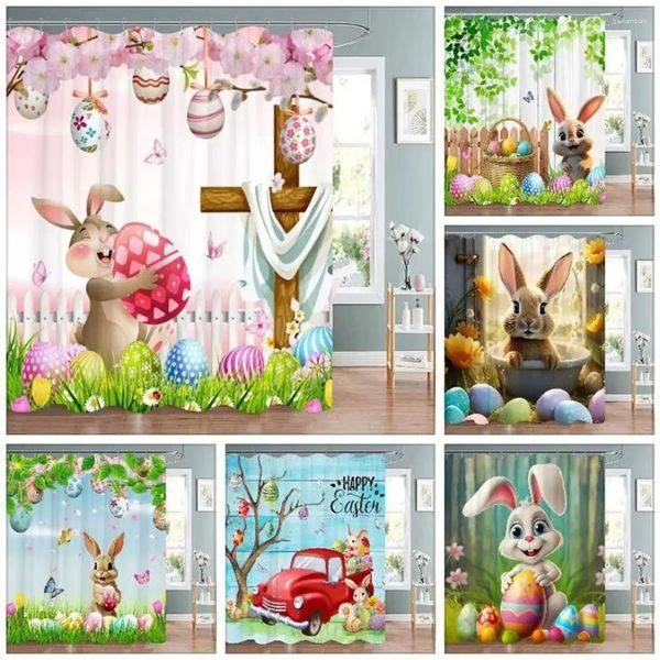 Cortinas de ducha Feliz Pascua Cortina Dibujos animados Huevos Cerezo Flor Mariposa Poliéster Tela Lavable Decoración de baño