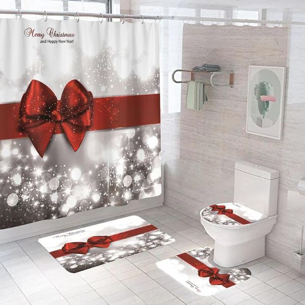 Cortinas de ducha Feliz Año Alfombras de baño Alfombra Tapa de inodoro Cubierta Feliz Navidad Arco Cinta Tela Cortina Juego de baño