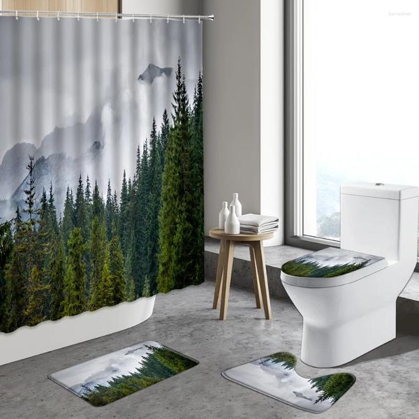 Rideaux de douche Hazy Green Forest Curtain Mistrasse enveloppe des aquarelles de montagne enveloppe de la salle