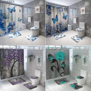 Rideaux de douche rideau à imprimé papillon bleu de haute qualité 4 pièces couvercle de tapis toilettes de bain de bain pad tampon