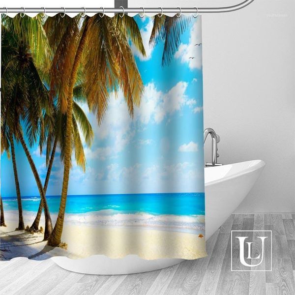 Cortinas de ducha de alta calidad, cortina de playa Tropical personalizada, tela de poliéster, ganchos de baño, decoración resistente al moho1