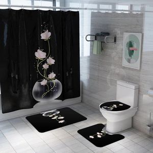 Douchegordijnen Hoge kwaliteit Lotus Toilet Cover Badmatten Sets Zwart Gordijn Met Haken Badkamer Decoratie Bad Antislipkleed