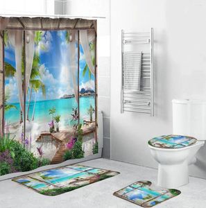 Rideaux de douche Curtain Seaside Curtain Set Bath Mats Tapis Courtyard Beach Anti-Slip Tapis Piedstal Carpet Salle de bain
