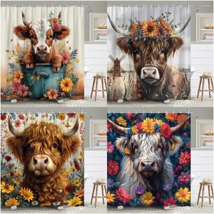 Rideaux de douche Highland Cow rideau ferme Fleur botanical grange aquarelle rustique ferme en polyester tissu de salle de bain décoration de salle de bain avec crochets