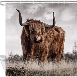 Douchegordijnen Highland Cow Shower Curtain Garden 3d Print Fall Grasland Landschap Waterdicht Polyester Stoffen Badgordijn Badkamer Set Decor 230523