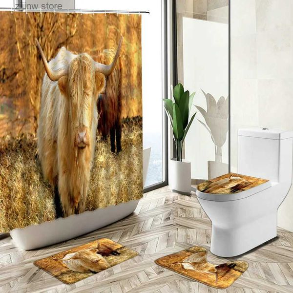 Rideaux de douche Highland vache rideaux de douche automne pays rétro vieille ferme en bois grange paysage tapis antidérapant couverture de toilette tapis de sol ensembles Y240316