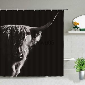 Cortinas de ducha Highland Cows Cortinas de ducha negras Western Wildlife Animal Bull Retrato Baño Decoración Mamparas de bañera Impermeable Con x0809