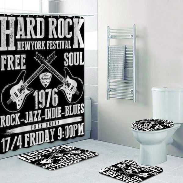 Rideaux De Douche Hipster Vintage Hard Rock Affiche Rideau De Douche Ensemble Grunge Heavy Metal Musique Salle De Bains Rideau Tapis De Bain Tapis Baignoire AccessoiresHKD230626