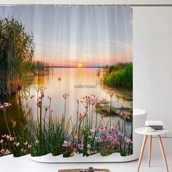 Cortinas de ducha Decoración del hogar Baño Paisaje natural Juego de cortinas de ducha de tela con 12 s Fundas para inodoro Alfombras de baño Alfombra antideslizante para baño