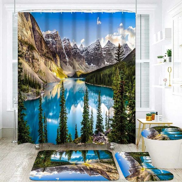 Cortinas de ducha Decoración del hogar Baño Paisaje natural Juego de cortinas de ducha de tela con cubiertas para inodoro Alfombras de baño Alfombra antideslizante para baño